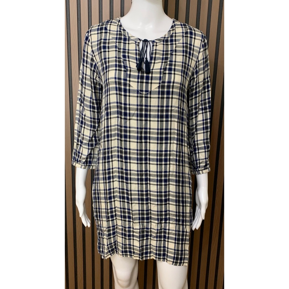 Madewell Plaid Tassel Tie Shift Dress Navy Blue Ivory XS Pockets 3/4 Sleeve